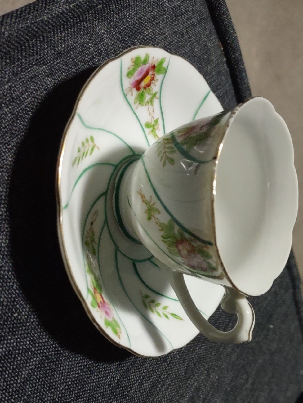Vintage Occupied Japan Floral Demitasse Cup & Saucer White Green Stripes Floral